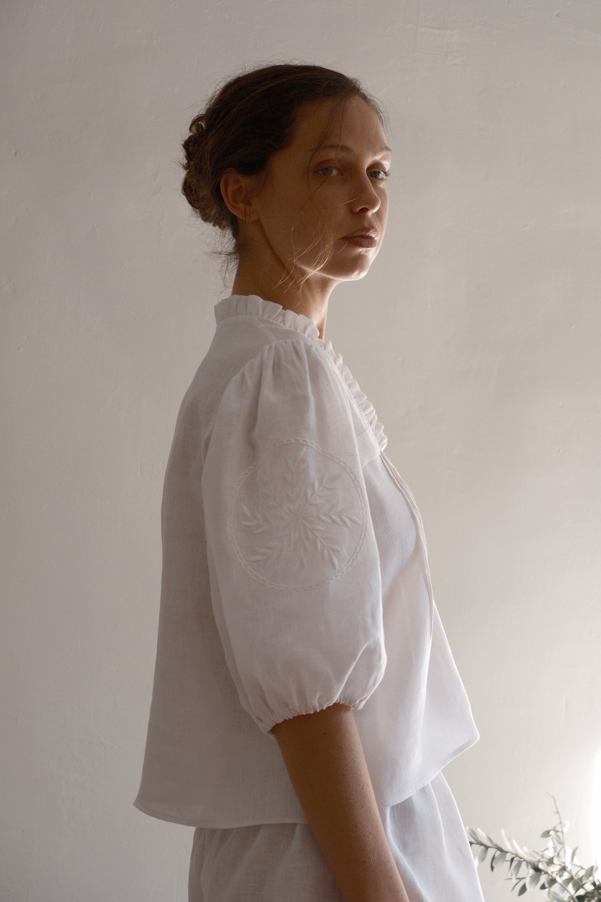 Embroidered linen blouse from Hydrangea SS26 collection