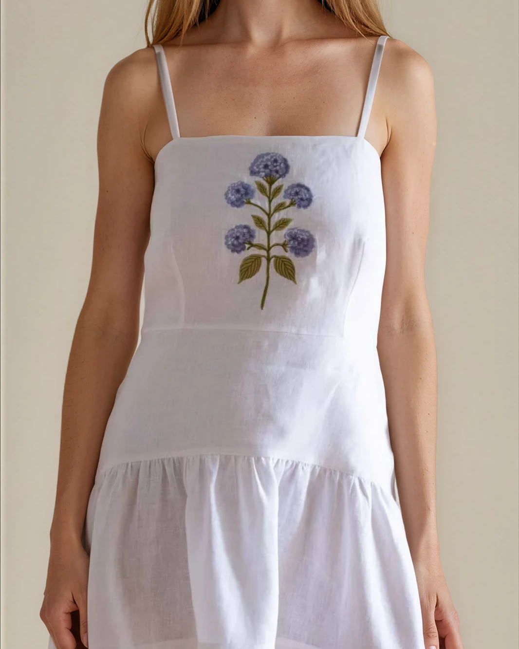 linen white dress with floral embroidery