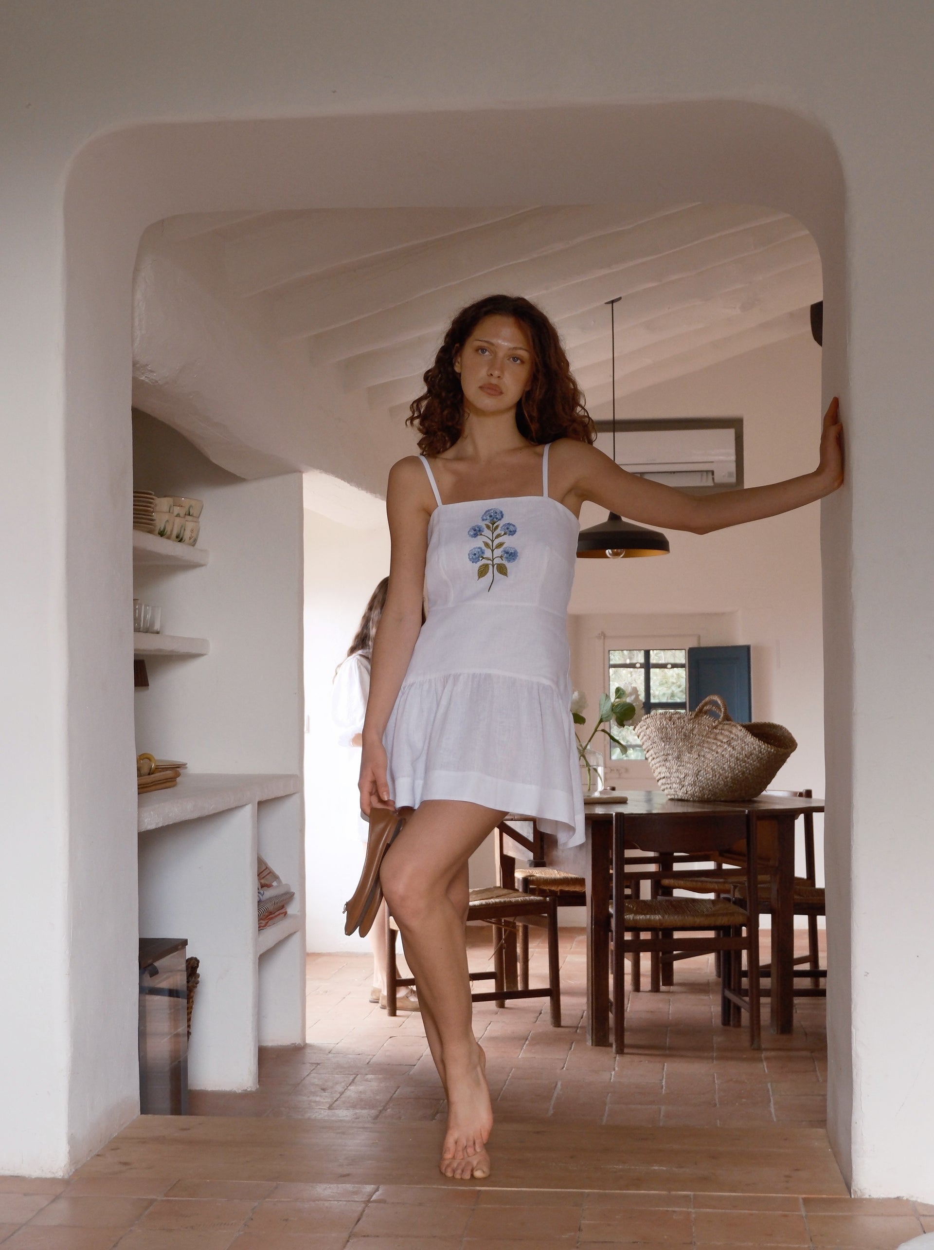 mediterranean linen dress with flower embroidery