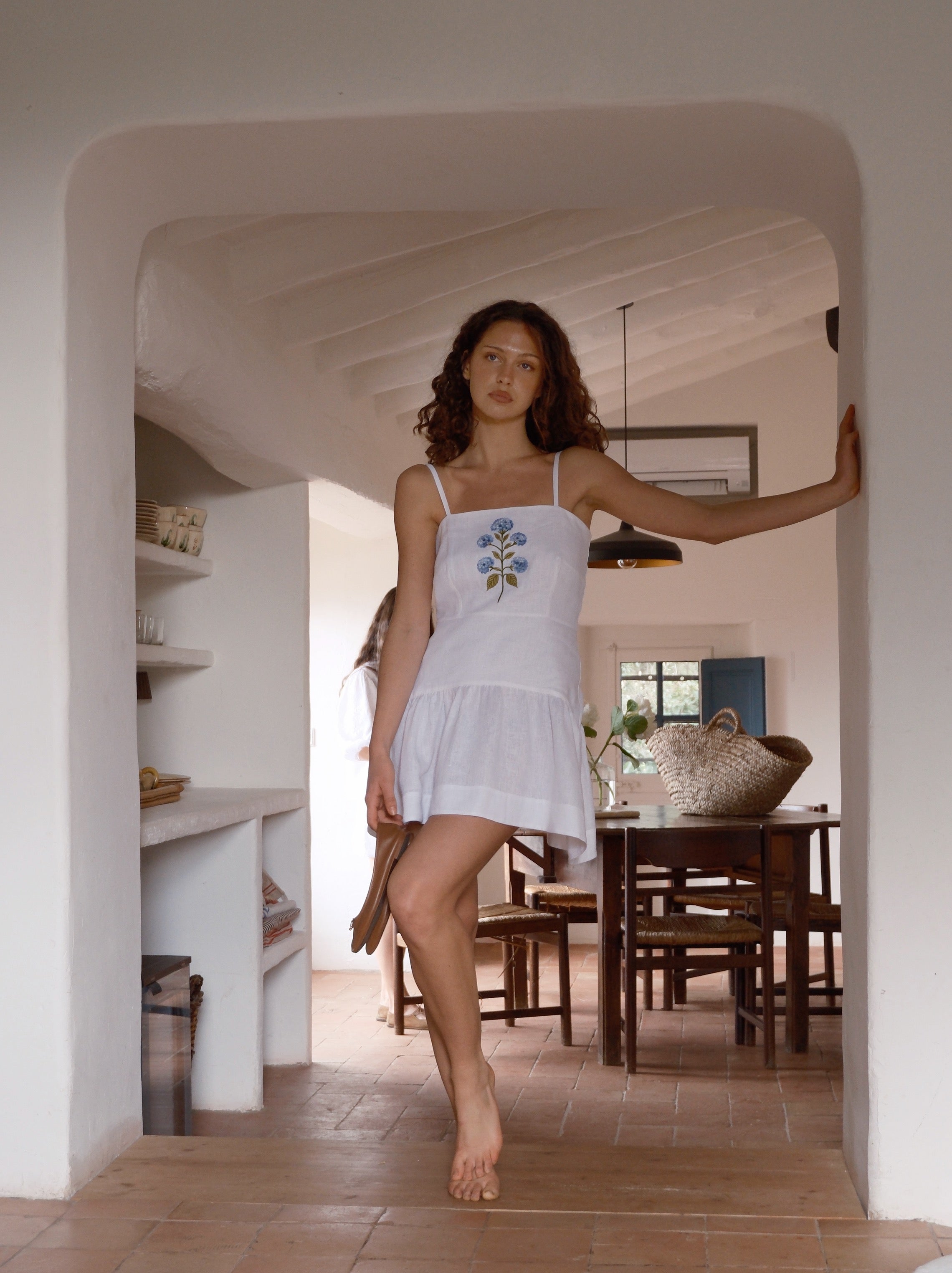 mediterranean linen dress with flower embroidery