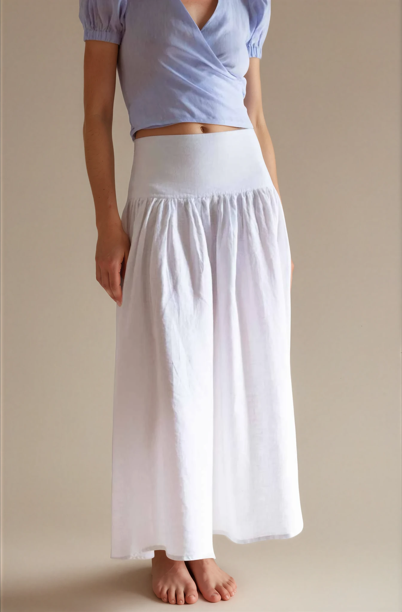 White linen midi skirt high waisted front view