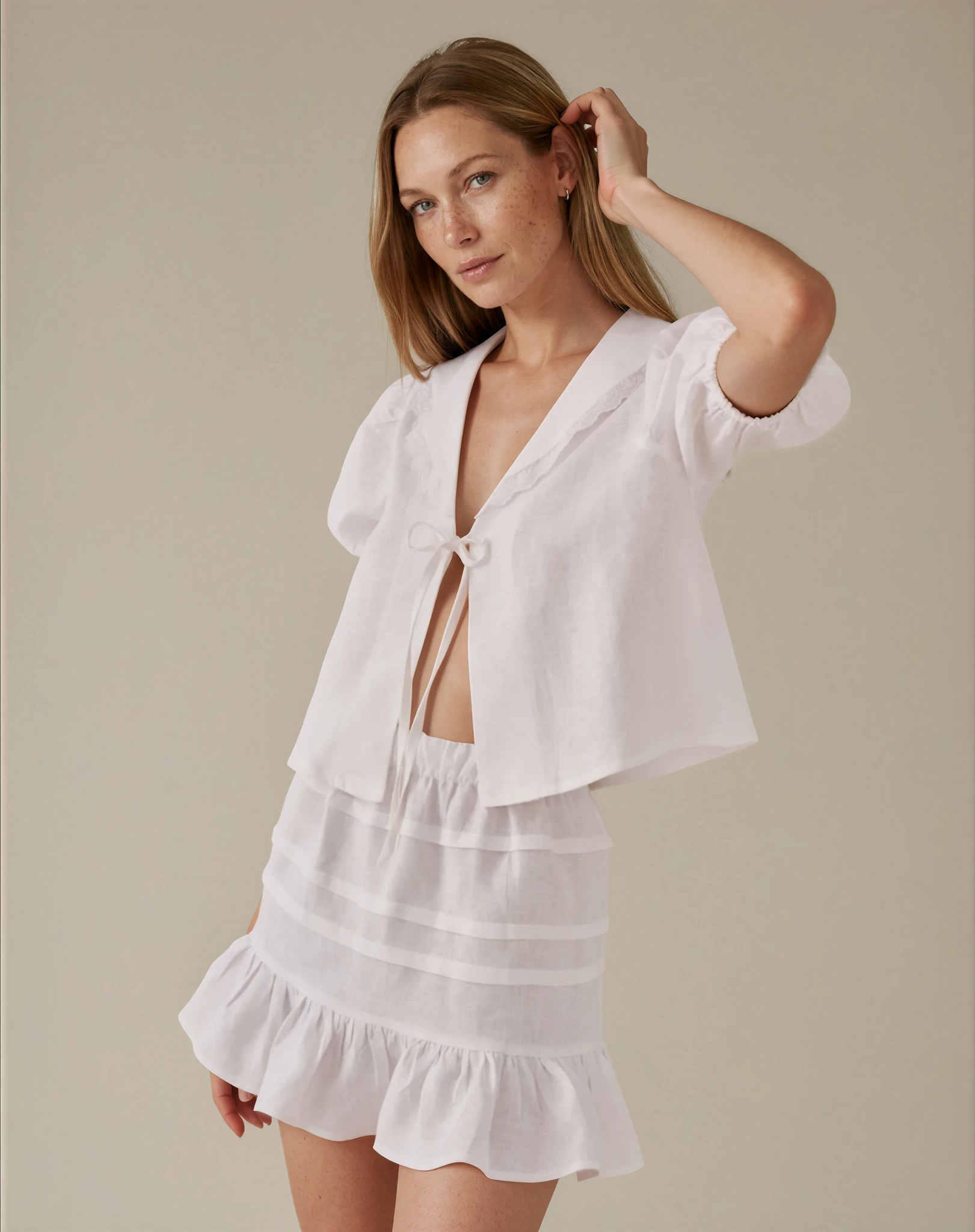 white mediterranean linen outfit