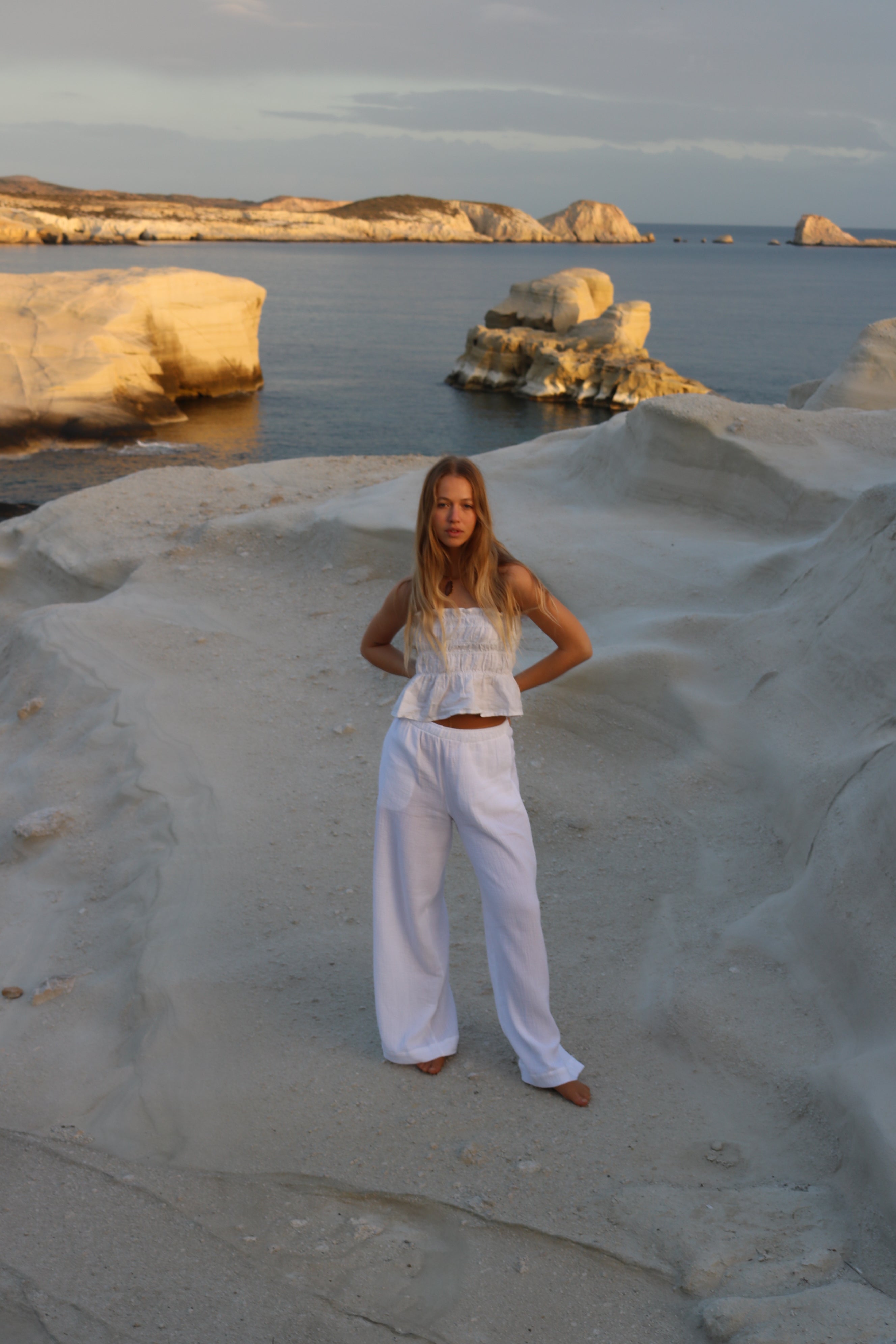 pantalon de lino largo blanco mujer